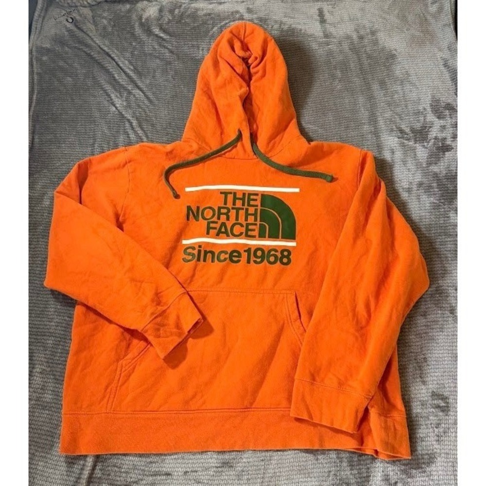 The North Face Mens XXL Orange Since 1968 Graphic Pullover Hoodie Green Logo